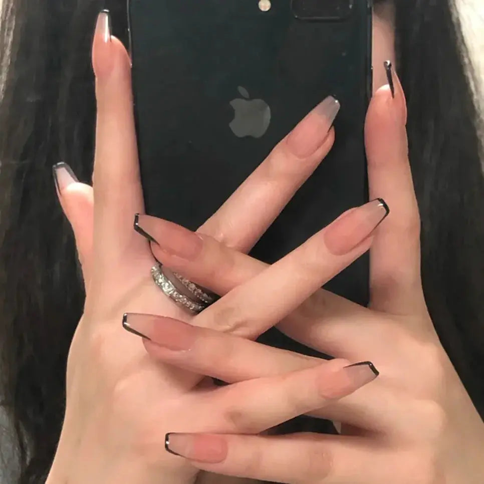 24Pcs Seamless Removable Artificial Press On Nail Art Detachable Fashion False Nails With Designs French Black Edge Fake Nails Natalia Home Fashion Natalia Home Fashion
