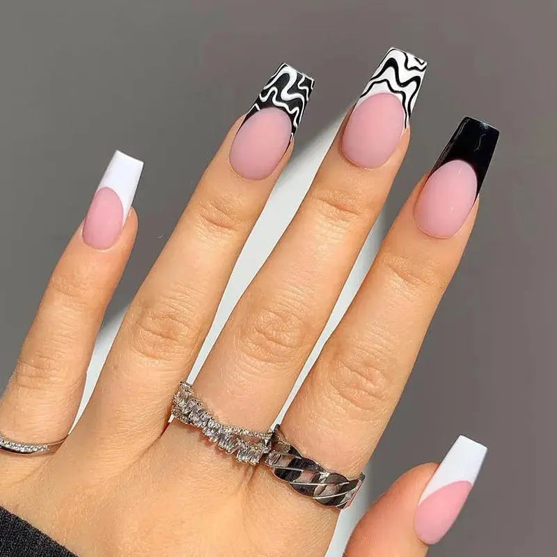 24Pcs Seamless Removable Artificial Press On Nail Art Detachable Fashion False Nails With Designs French Black Edge Fake Nails Natalia Home Fashion JP1330 Natalia Home Fashion