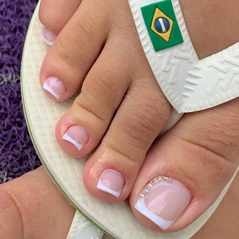 24Pcs Simple French False Toe Nails with Rhinestone Wearable Glitter Toe Fake Nails Shiny Powder Press on Nails Full Nail Tips Natalia Home Fashion Natalia Home Fashion