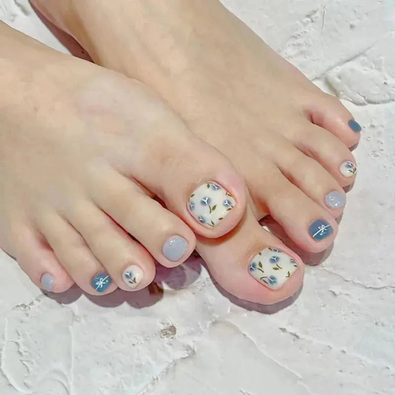 24Pcs Simple French False Toe Nails with Rhinestone Wearable Glitter Toe Fake Nails Shiny Powder Press on Nails Full Nail Tips Natalia Home Fashion 094 Natalia Home Fashion