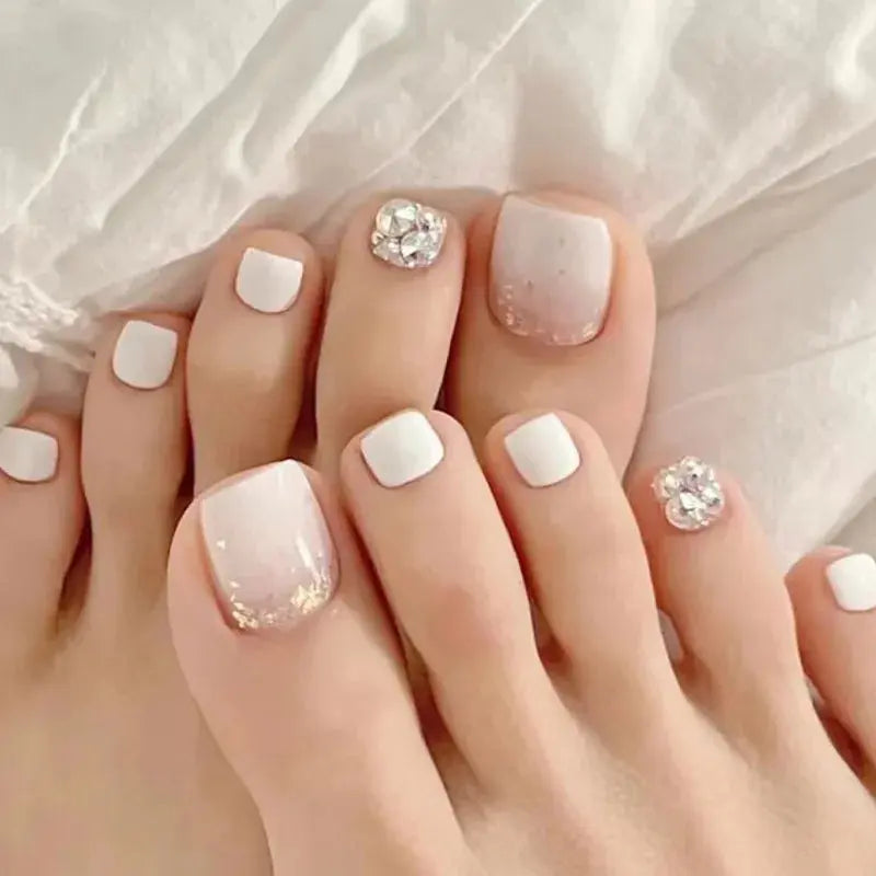 24Pcs Simple French False Toe Nails with Rhinestone Wearable Glitter Toe Fake Nails Shiny Powder Press on Nails Full Nail Tips Natalia Home Fashion 2432 Natalia Home Fashion