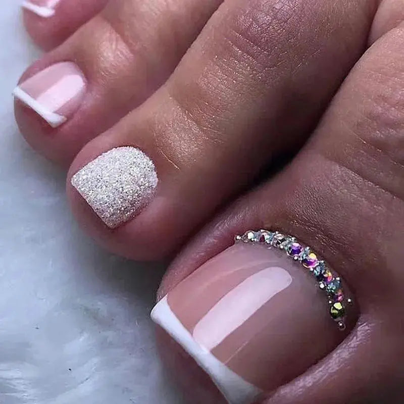 24Pcs Simple French False Toe Nails with Rhinestone Wearable Glitter Toe Fake Nails Shiny Powder Press on Nails Full Nail Tips Natalia Home Fashion 065 Natalia Home Fashion
