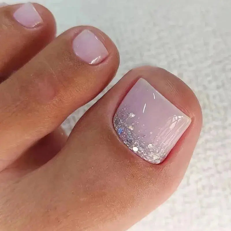 24Pcs Simple French False Toe Nails with Rhinestone Wearable Glitter Toe Fake Nails Shiny Powder Press on Nails Full Nail Tips Natalia Home Fashion 098 Natalia Home Fashion