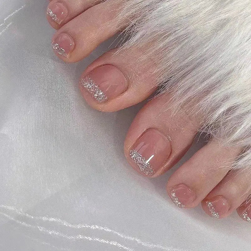 24Pcs Simple French False Toe Nails with Rhinestone Wearable Glitter Toe Fake Nails Shiny Powder Press on Nails Full Nail Tips Natalia Home Fashion 1642 Natalia Home Fashion