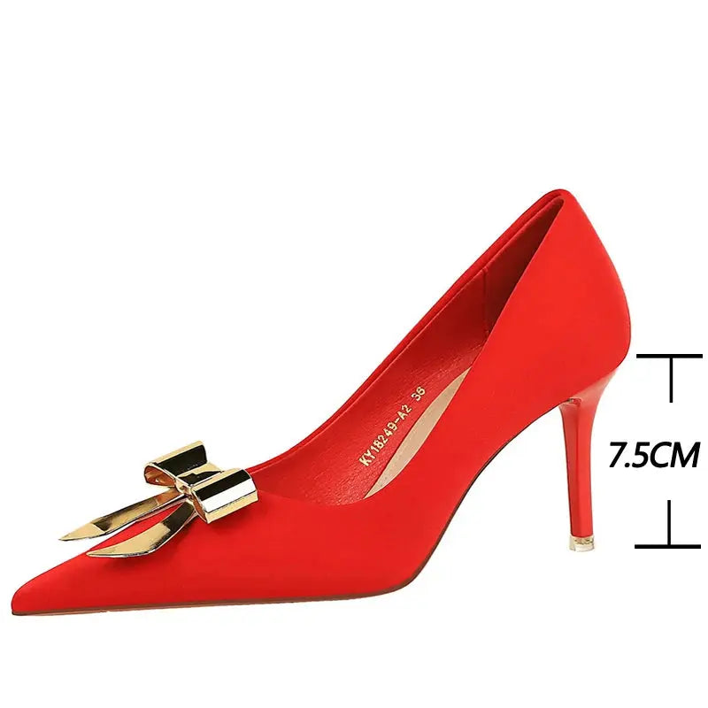 BIGTREE Shoes Metal Bowknot Women Pumps Silks Satins Women Heels 7.5 cm Stilettos Luxury Banquet Shoes Large size 43 Kitten Heel Natalia Home Fashion Natalia Home Fashion