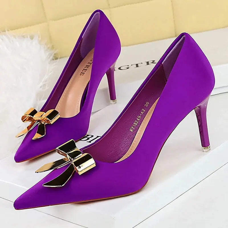BIGTREE Shoes Metal Bowknot Women Pumps Silks Satins Women Heels 7.5 cm Stilettos Luxury Banquet Shoes Large size 43 Kitten Heel Natalia Home Fashion Purple-43 Natalia Home Fashion
