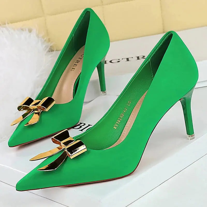 BIGTREE Shoes Metal Bowknot Women Pumps Silks Satins Women Heels 7.5 cm Stilettos Luxury Banquet Shoes Large size 43 Kitten Heel Natalia Home Fashion Green-34 Natalia Home Fashion