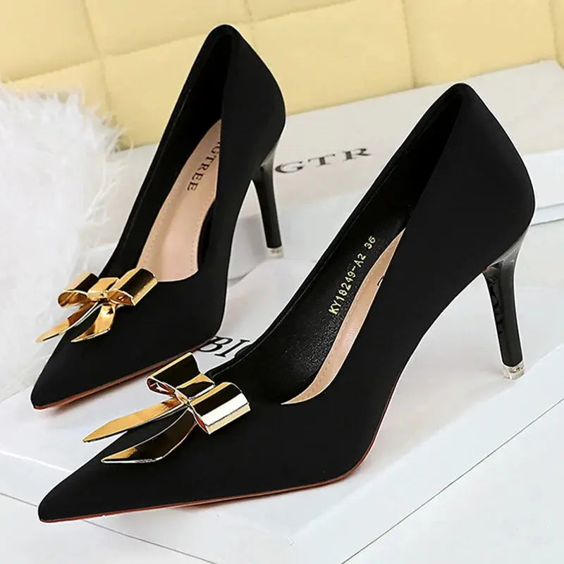 BIGTREE Shoes Metal Bowknot Women Pumps Silks Satins Women Heels 7.5 cm Stilettos Luxury Banquet Shoes Large size 43 Kitten Heel Natalia Home Fashion Black-35 Natalia Home Fashion