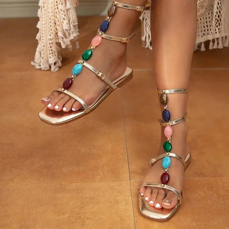 Bohemian Style Casual Gladiator Sandals Women Summer Fashion Color Gem Strap Open Toe Flat Shoes Roma Sandals Natalia Home Fashion Natalia Home Fashion