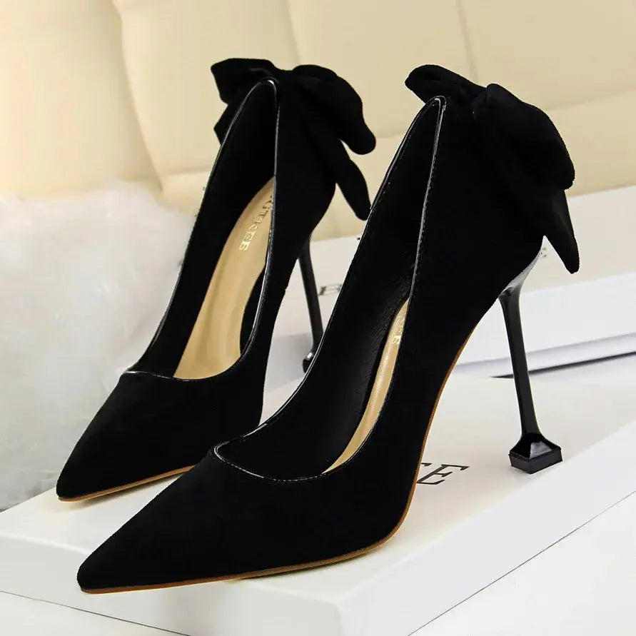 Bowknot Female Heels Suede Women Pumps New High-heels Fashion Sweet Ladies Shoes Luxury Pumps Natalia Home Fashion black-9.5cm-37 Natalia Home Fashion