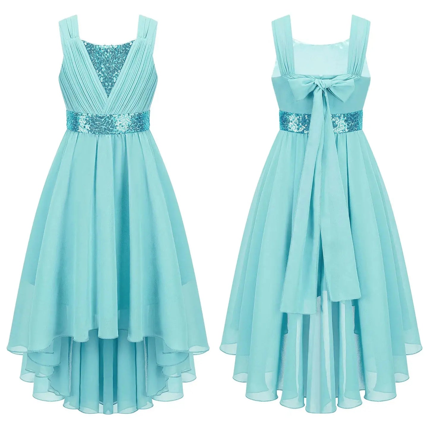 Children Flower Girls Dress Elegant Chiffon Princess Wedding Birthday Formal Party Dress Sleeveless Sequin Hi-low Maxi Gown Natalia Home Fashion Turquoise-6 Natalia Home Fashion