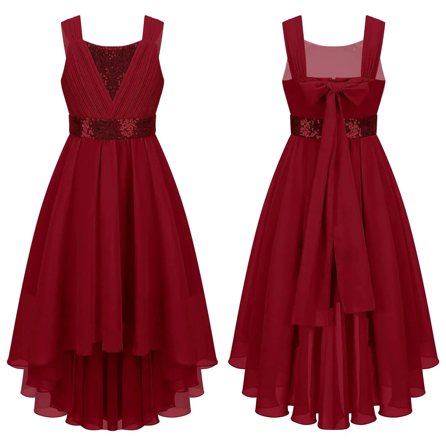 Children Flower Girls Dress Elegant Chiffon Princess Wedding Birthday Formal Party Dress Sleeveless Sequin Hi-low Maxi Gown Natalia Home Fashion Burgundy-4 Natalia Home Fashion