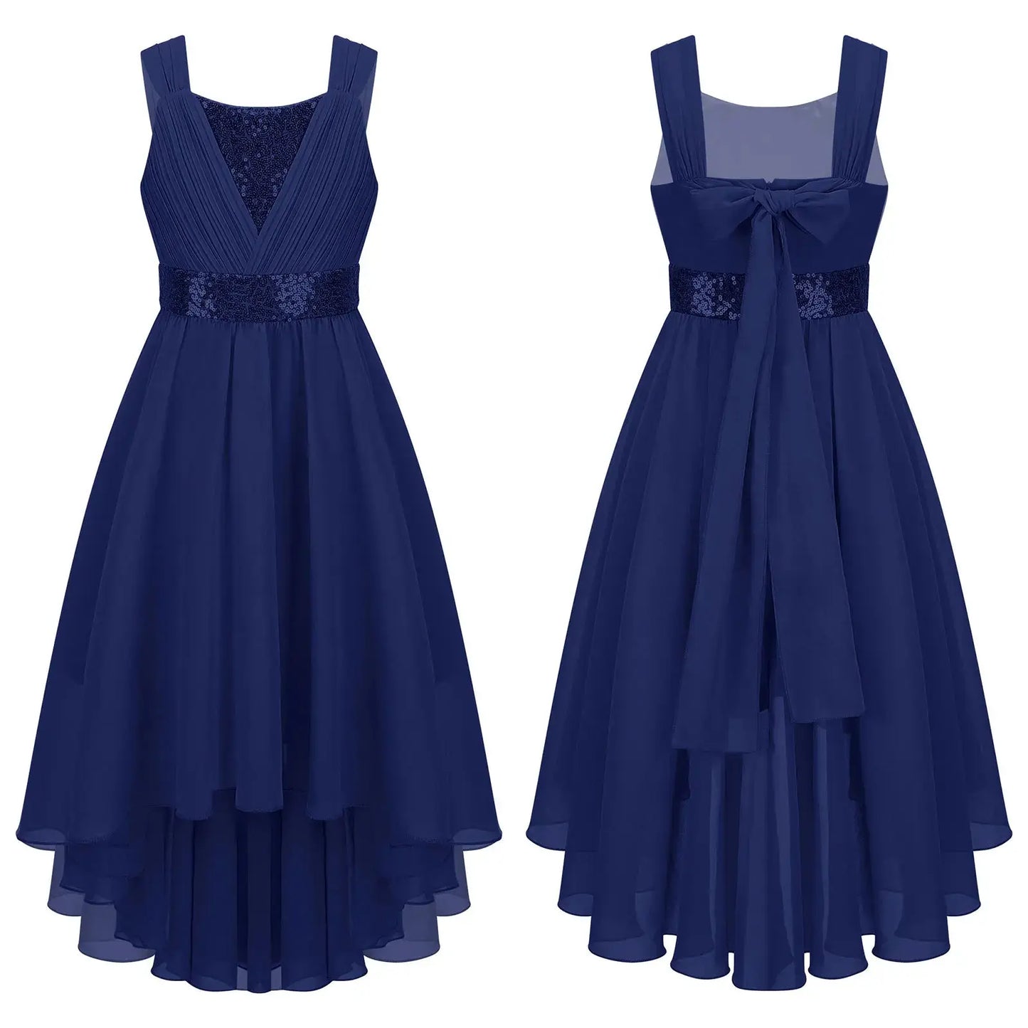 Children Flower Girls Dress Elegant Chiffon Princess Wedding Birthday Formal Party Dress Sleeveless Sequin Hi-low Maxi Gown Natalia Home Fashion Navy-Blue-4 Natalia Home Fashion