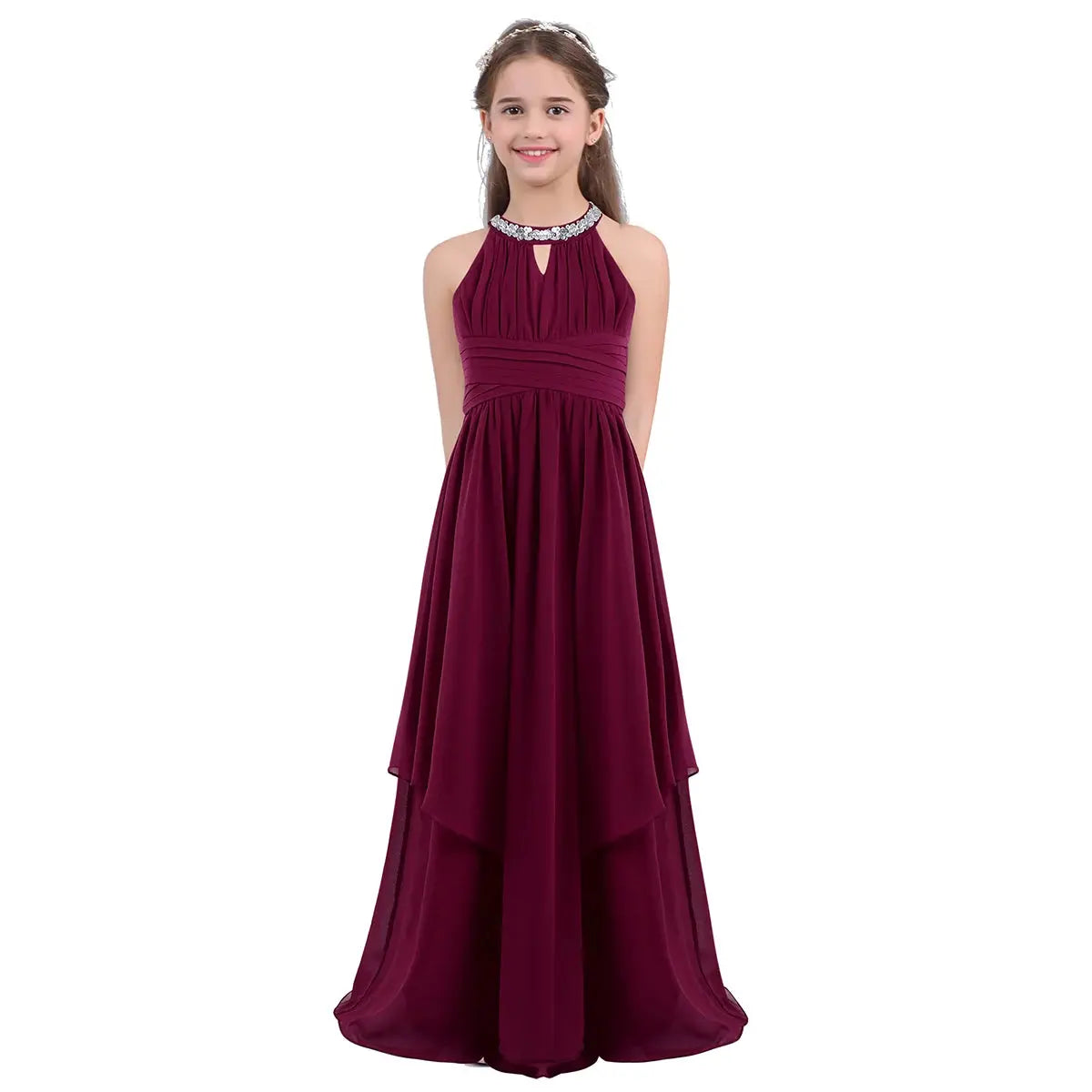 Children Wedding Flower Girl Dresses Shiny Sequin Chiffon Elegant Party Dresses Princess Gown for Prom Birthday Evening Pageant Natalia Home Fashion Burgundy-16 Natalia Home Fashion