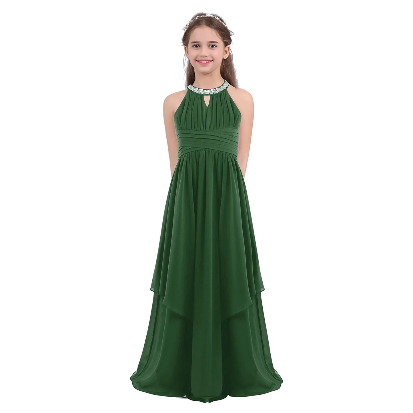Children Wedding Flower Girl Dresses Shiny Sequin Chiffon Elegant Party Dresses Princess Gown for Prom Birthday Evening Pageant Natalia Home Fashion Army-Green-16 Natalia Home Fashion