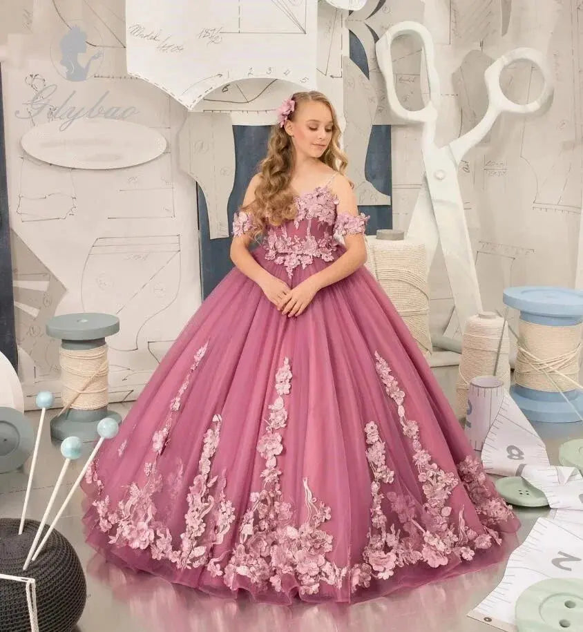 Dark Pink Flower Girl Dress For Wedding Applique Sleeveless Tulle Puffy Birthday Party Children Photoshoot Ball Gown Prom Natalia Home Fashion Natalia Home Fashion