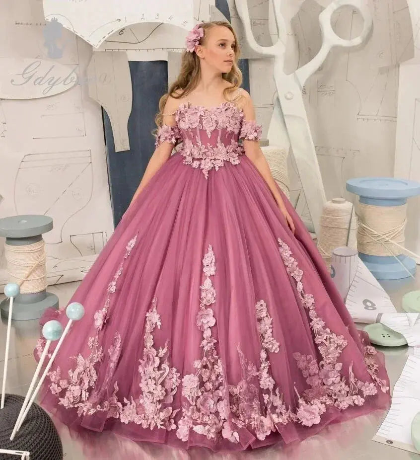 Dark Pink Flower Girl Dress For Wedding Applique Sleeveless Tulle Puffy Birthday Party Children Photoshoot Ball Gown Prom Natalia Home Fashion Natalia Home Fashion