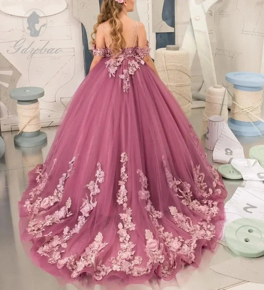 Dark Pink Flower Girl Dress For Wedding Applique Sleeveless Tulle Puffy Birthday Party Children Photoshoot Ball Gown Prom Natalia Home Fashion Natalia Home Fashion