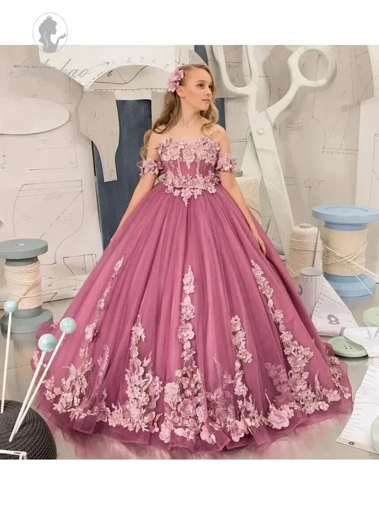 Dark Pink Flower Girl Dress For Wedding Applique Sleeveless Tulle Puffy Birthday Party Children Photoshoot Ball Gown Prom Natalia Home Fashion Natalia Home Fashion