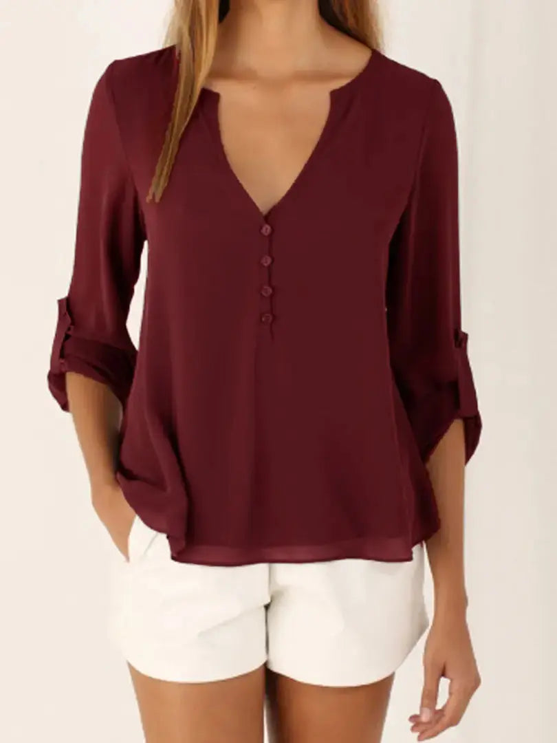 Explosive Models Women's Fashion Loose Pure Color Chiffon Tops Casual Long Sleeve V-neck Blouse Women Boutique Clothes My Store