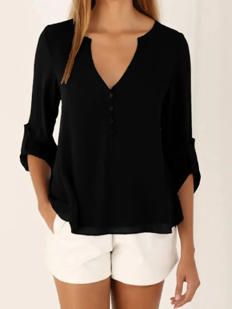 Explosive Models Women's Fashion Loose Pure Color Chiffon Tops Casual Long Sleeve V-neck Blouse Women Boutique Clothes My Store