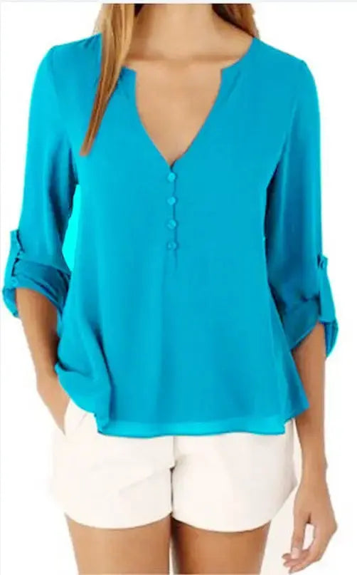 Explosive Models Women's Fashion Loose Pure Color Chiffon Tops Casual Long Sleeve V-neck Blouse Women Boutique Clothes My Store