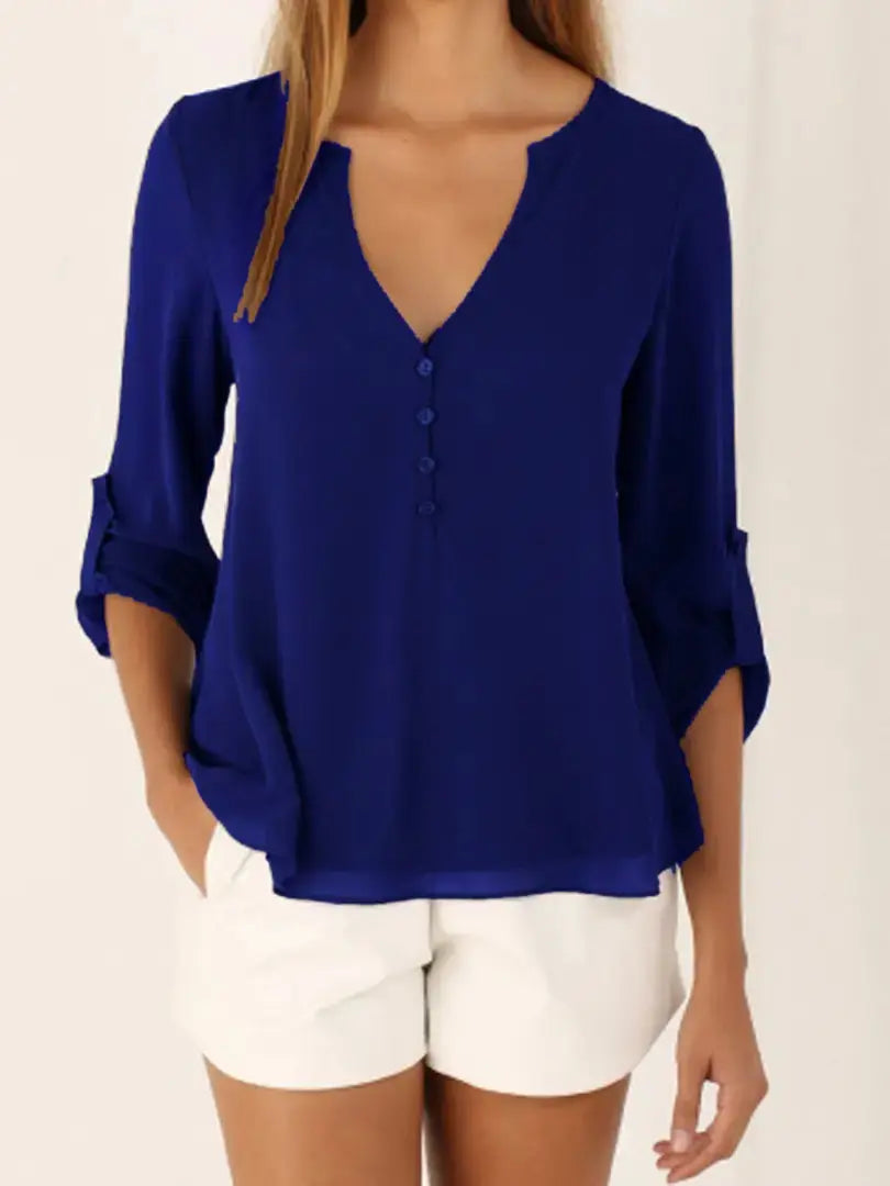 Explosive Models Women's Fashion Loose Pure Color Chiffon Tops Casual Long Sleeve V-neck Blouse Women Boutique Clothes My Store