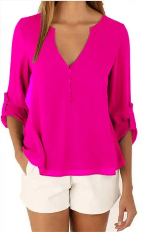Explosive Models Women's Fashion Loose Pure Color Chiffon Tops Casual Long Sleeve V-neck Blouse Women Boutique Clothes My Store