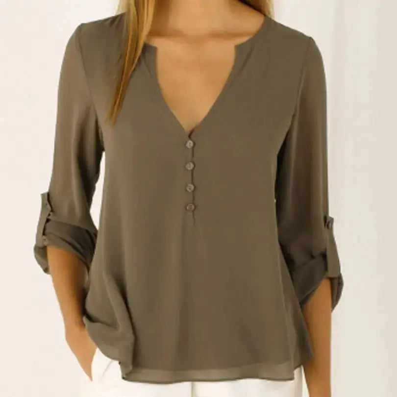 Explosive Models Women's Fashion Loose Pure Color Chiffon Tops Casual Long Sleeve V-neck Blouse Women Boutique Clothes My Store