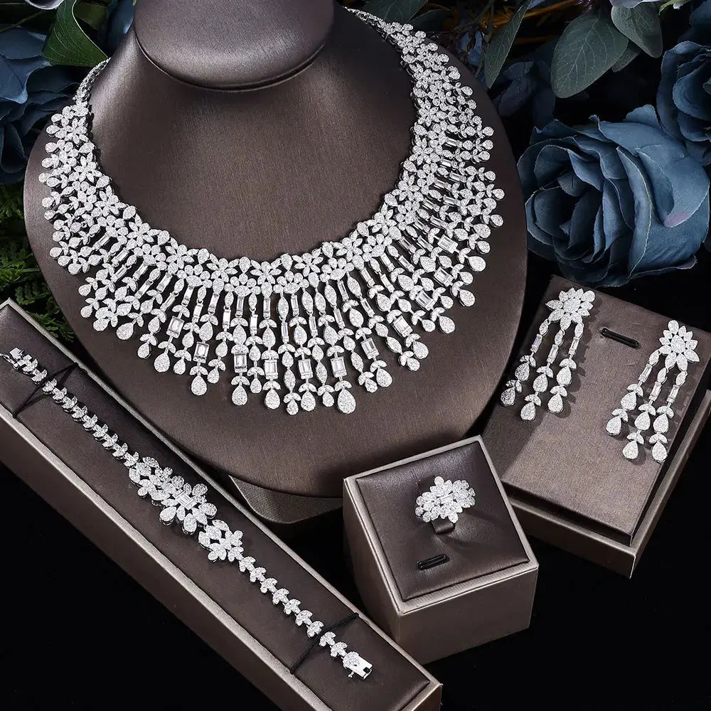 Fashion 4 Piece Bridal Zirconia Jewelry Set for Women's Party, Crystal Wedding Jewelry Set Natalia Home Fashion Platinum-Plated-resizable Natalia Home Fashion