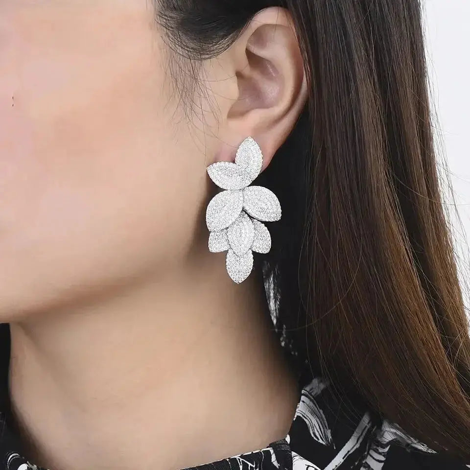 Fashion Luxury Iced Out Bling Sparking Cz Big Flower Leaf Dangle Earrings For Women High Quality Wedding Jewelry Natalia Home Fashion Natalia Home Fashion