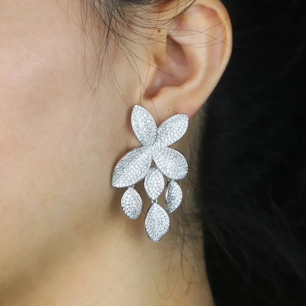 Fashion Luxury Iced Out Bling Sparking Cz Big Flower Leaf Dangle Earrings For Women High Quality Wedding Jewelry Natalia Home Fashion Natalia Home Fashion