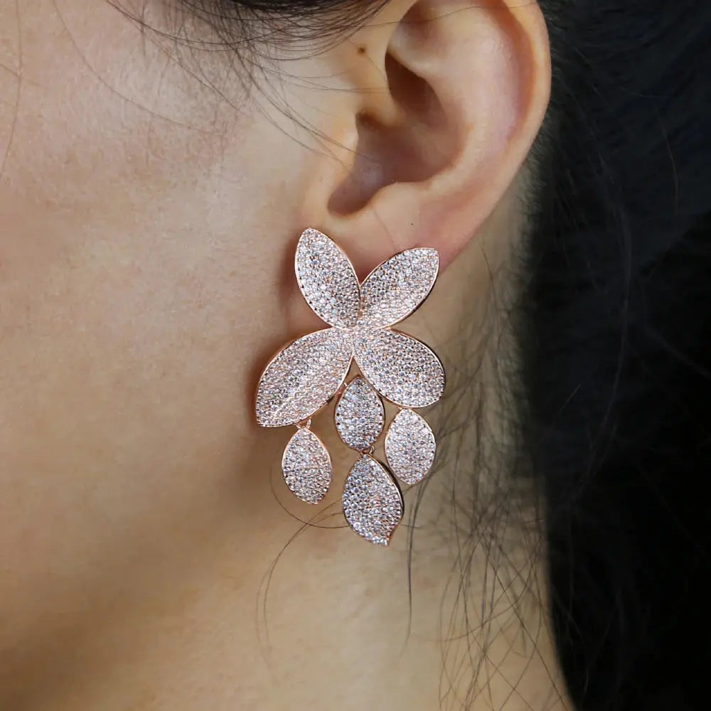 Fashion Luxury Iced Out Bling Sparking Cz Big Flower Leaf Dangle Earrings For Women High Quality Wedding Jewelry Natalia Home Fashion Natalia Home Fashion