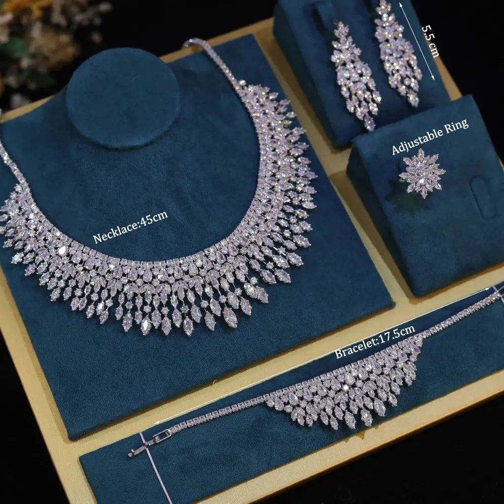 Fashion White 5A CZ Zirconia Leaf Earring Necklace for Women Bridal Weddings Jewelry Set Bijoux Femme Ensembl Natalia Home Fashion 45cm-WHITE-CHINA-Platinum-Plated-resizable Natalia Home Fashion