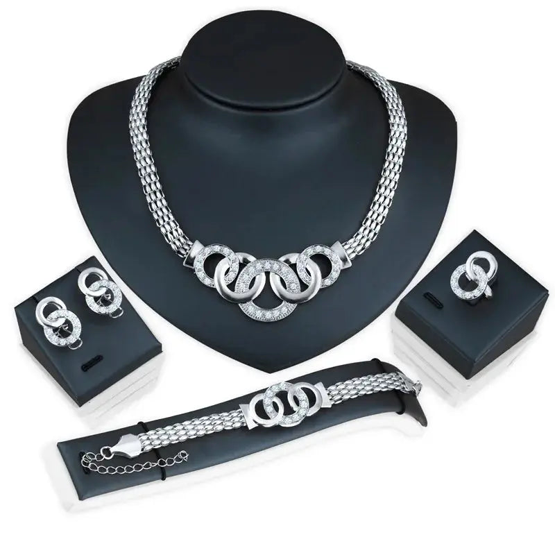 Fashion five-ring suit necklace earrings bracelet ring four-piece set retro bride photo gift Natalia Home Fashion X1312-silver-resizable Natalia Home Fashion