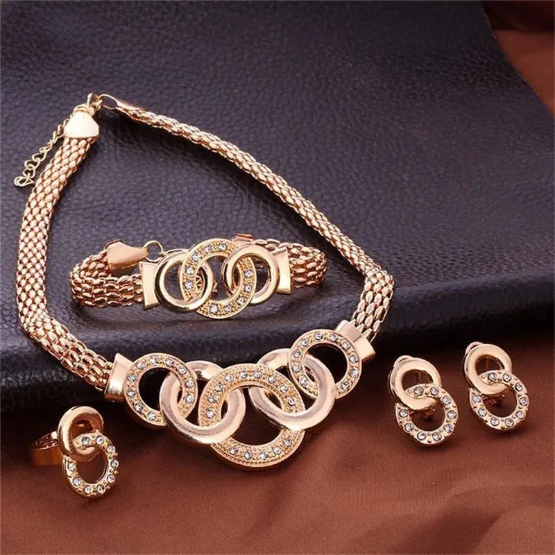 Fashion five-ring suit necklace earrings bracelet ring four-piece set retro bride photo gift Natalia Home Fashion X1312-gold-resizable Natalia Home Fashion