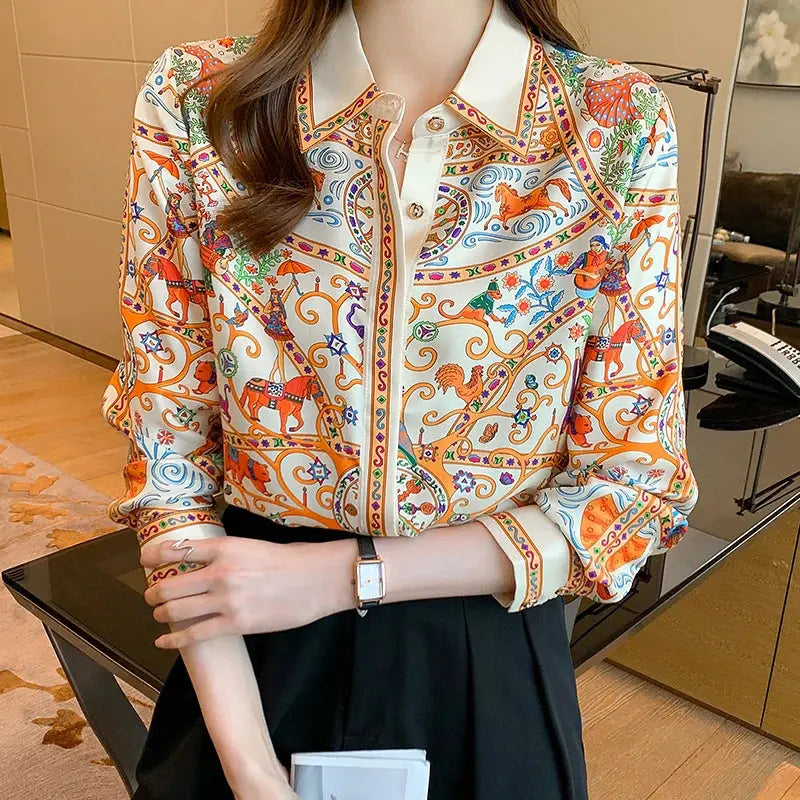 Fashion flower print ladies shirts Women's Blouses Spring Autumn Long Sleeve Shirts Tops Natalia Home Fashion WHITE-M Natalia Home Fashion