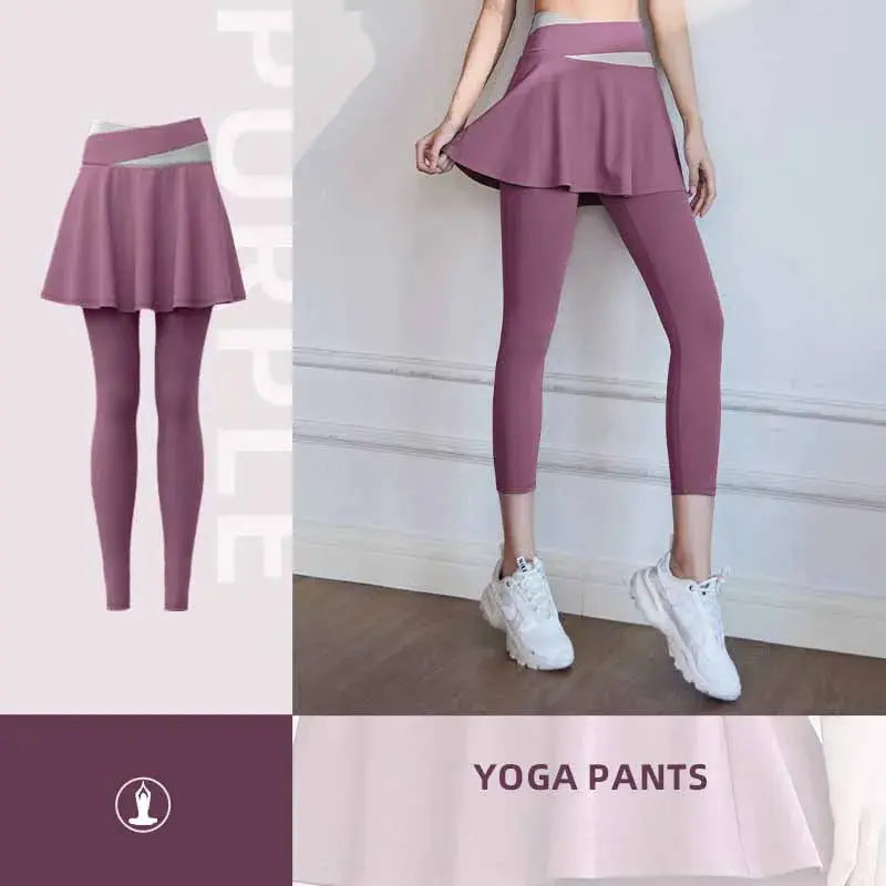 Fitness Yoga Pants With Skirt Women Two Pieces Sports Leggings Gym Push Up Patchwork Crossover High Waist Tight Pants Natalia Home Fashion PURPLE-XL Natalia Home Fashion