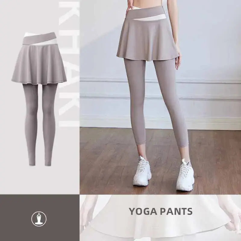 Fitness Yoga Pants With Skirt Women Two Pieces Sports Leggings Gym Push Up Patchwork Crossover High Waist Tight Pants Natalia Home Fashion Khaki-S Natalia Home Fashion