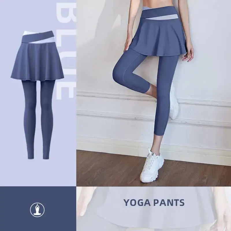 Fitness Yoga Pants With Skirt Women Two Pieces Sports Leggings Gym Push Up Patchwork Crossover High Waist Tight Pants Natalia Home Fashion Blue-M Natalia Home Fashion