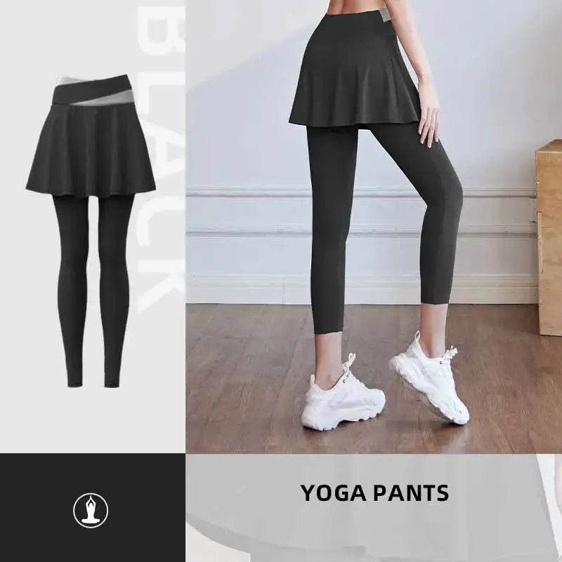 Fitness Yoga Pants With Skirt Women Two Pieces Sports Leggings Gym Push Up Patchwork Crossover High Waist Tight Pants Natalia Home Fashion black-S Natalia Home Fashion