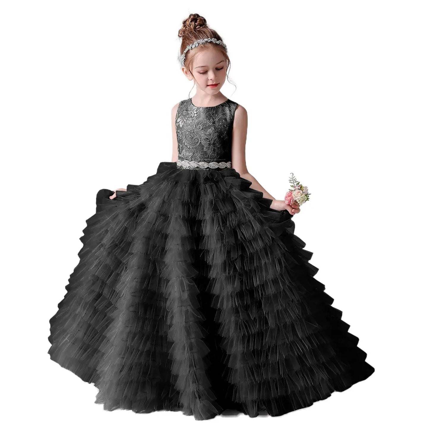 Flower Girl Dresses Tulle Appliques Tiered Long Skirt Sleeveless For Wedding Birthday Party Banquet Princess Gowns Natalia Home Fashion Black-child-3 Natalia Home Fashion