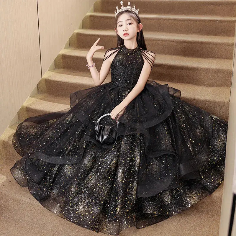 Formal Pink Bride maid Dresses For Girls Evening Elegant Sequin Tulle Flower Princess Wedding Party Dress Birthday Prom Costume Natalia Home Fashion black-10T Natalia Home Fashion