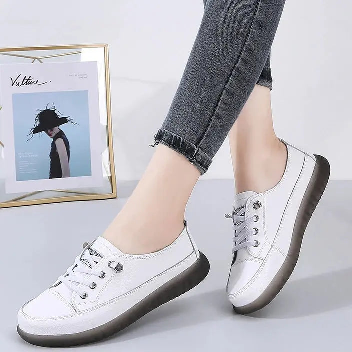 Genuine Leather Vulcanized Shoes Women Jogging Sneakers Woman Lace Up Flat Walking Trainers Fitness Cross-training Natalia Home Fashion 9025-White-41 Natalia Home Fashion