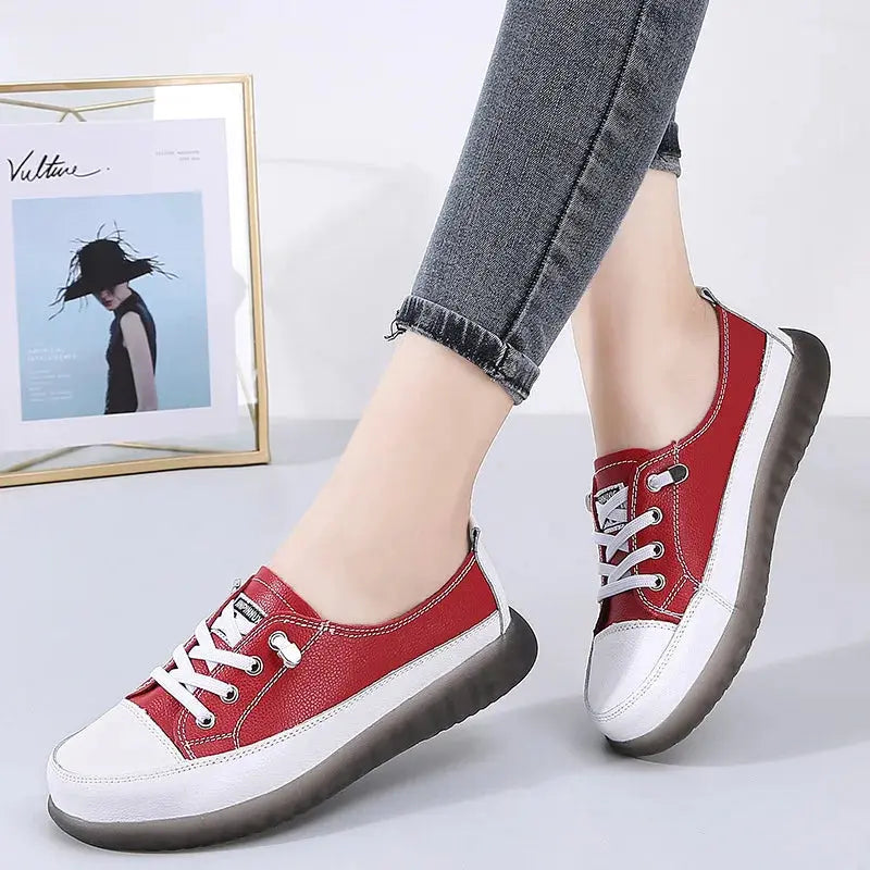 Genuine Leather Vulcanized Shoes Women Jogging Sneakers Woman Lace Up Flat Walking Trainers Fitness Cross-training Natalia Home Fashion 9025-Red-41 Natalia Home Fashion