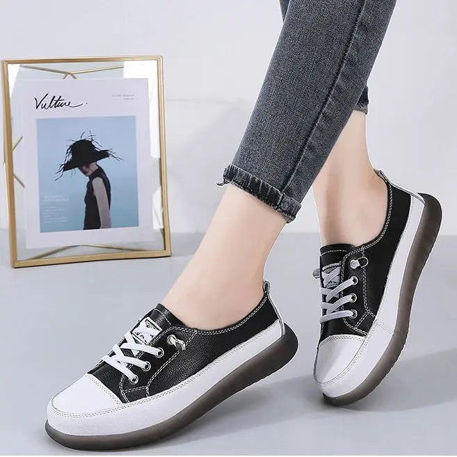 Genuine Leather Vulcanized Shoes Women Jogging Sneakers Woman Lace Up Flat Walking Trainers Fitness Cross-training Natalia Home Fashion 9025-Black-41 Natalia Home Fashion