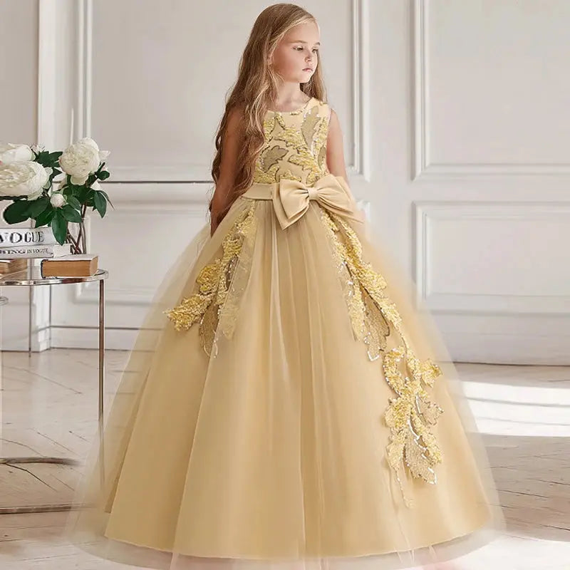 Girl Party Dress Bridesmaid Princess Flower For Wedding Elegant Kids Bow Long Gown Children Formal Gala Clothes Natalia Home Fashion Champagne-170-13-14years Natalia Home Fashion