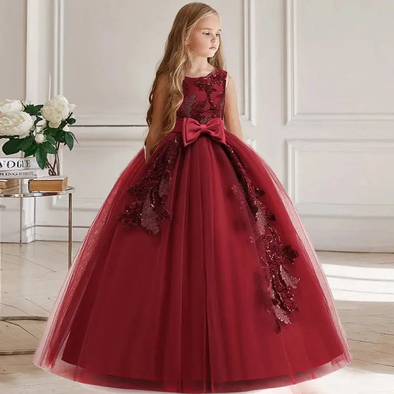 Girl Party Dress Bridesmaid Princess Flower For Wedding Elegant Kids Bow Long Gown Children Formal Gala Clothes Natalia Home Fashion Dark-red-120-4-5years Natalia Home Fashion