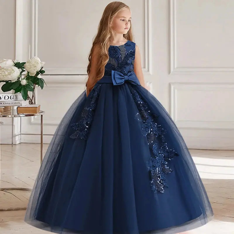 Girl Party Dress Bridesmaid Princess Flower For Wedding Elegant Kids Bow Long Gown Children Formal Gala Clothes Natalia Home Fashion Dark-blue-130-6years Natalia Home Fashion