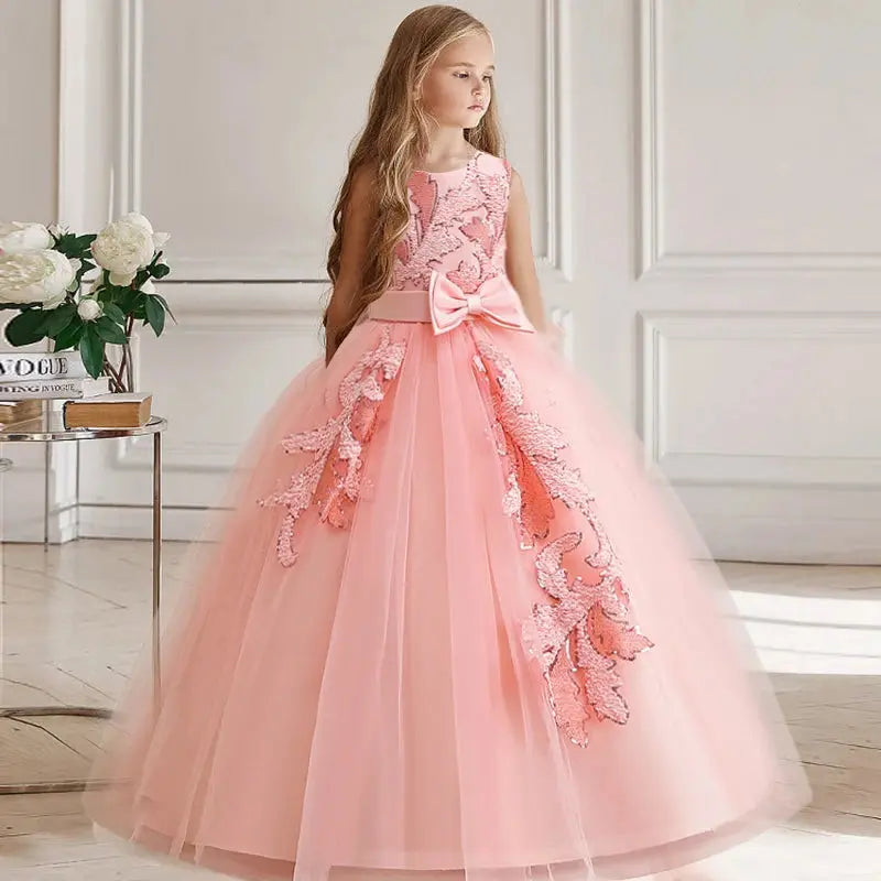Girl Party Dress Bridesmaid Princess Flower For Wedding Elegant Kids Bow Long Gown Children Formal Gala Clothes Natalia Home Fashion Peach-pink-120-4-5years Natalia Home Fashion